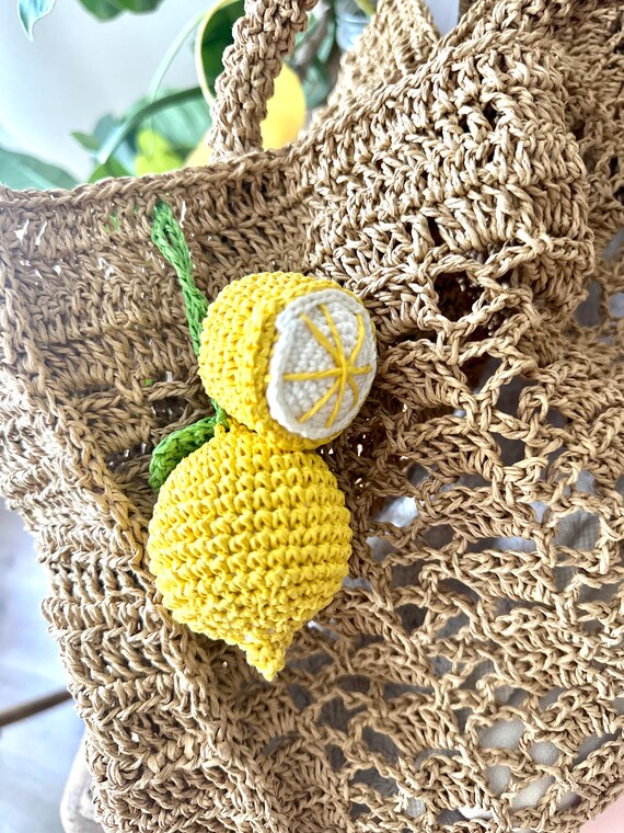 Raffia Lemon Bag Charm Set, Crochet Lemon Charm, Handmade Crochet