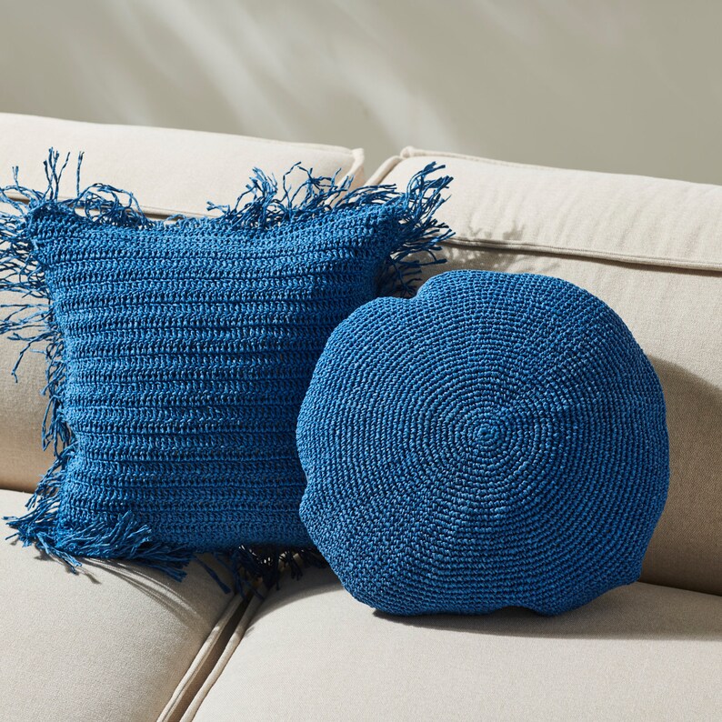 Raffia Throw Pillow, Blue Round pillow, Raffia Pillow Cover, Hand-Knit Cushion Cover, Boho Cushion Cover, Croched Pillow Cover 16 40cm. image 3