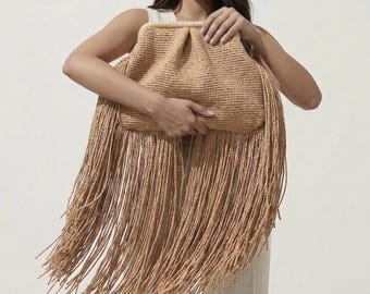 Oversized Fringe Raffia Bag, XL Raffia Clutch, Crochet Handbag for Wedding, Luxury Straw Purse