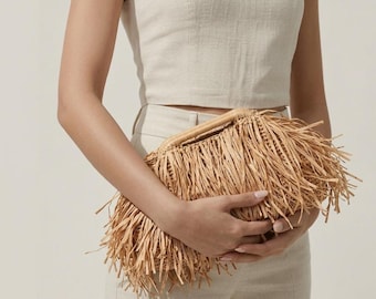Fringe Raffia Purse, Large Boho Woven Clutch, Handmade Natural Fringe Handbag, Straw Wedding Bag