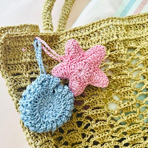 Crochet Handmade Purse Charms, Shell Ocean concept charms, Pair Starfish Charm, Seashell Charm Set, Crochet Raffia Star and Shell