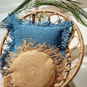 RAFFIA Crochet PILLOW Cover, Woven Crochet Raffia Cushions, Hand Knitted Pillows, Straw Fringe Pillow, Jute Pillow, Outdoor Pillow Cover