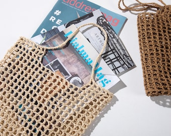 Straw Small Beach Bag, Handmade Beach Tote Bag, Straw Market Bag, Natural Handmade Crochet Tote, MESH Raffia Tote, Woven Shopping Bag