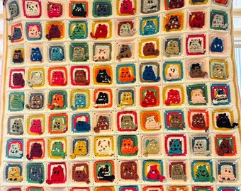Cat Crochet Blanket, Granny Blanket, Afghan Granny Square Crochet Blanket, Cat Crochet Throw, Crochet Baby Blanket, Colorful Afghan Blanket