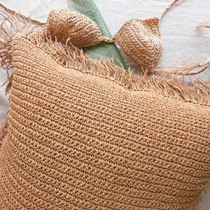 Natural Raffia Pillow Cover, Hand-Knitted Cushion Cover, Crochet Pillow Cover, Jute Pillow, Raffia Woven  Pillow, Seagrass Pillow, 18x18&quot;