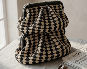 Black Beige Satin Raffia Bag, Luxury Crochet Clutch, XL Pouch Purse, Evening Bag, Oversized Beach Clutch for Women