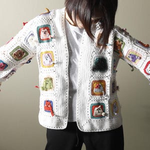 Handmade Colorful Cat Crochet Cardigan, Granny Square Cat Sweater Unisex, Cat Crochet Sweater, Handmade Granny Outfit, Crochet Jacket Gift