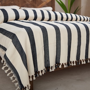 Monochrome Turkish Cotton Bedspread, Black White Home Decor, Monogram Throw Bed Blanket, Black Striped Tv Blanket, Large Cotton Blanket