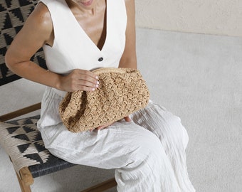 Bolso de mano de rafia a crochet, bolso de paja, bolso de rafia, bolso de rafia Coach, bolso de mano natural tejido a mano, bolso de rafia a crochet, paja