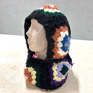 Pasamontañas de ganchillo negro hecho a mano, pasamontañas de ganchillo de abuela, pasamontañas cuadrado, pasamontañas colorido, gorro de invierno hecho a mano, pasamontañas de invierno negro