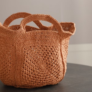 Terracotta Crochet Raffia Shopper Bag, Orange Raffia Tote, Small Square Raffia Bag, Straw Purse Bag, Raffia Bag Tote, Hand-Knitted Tote Bag