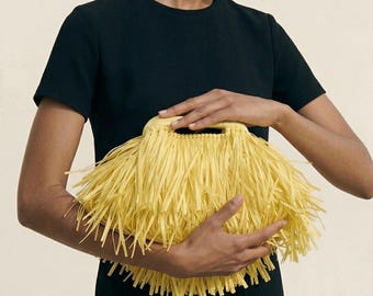 Yellow Fringe Raffia Bag, Boho Fringe Clutch Purse, Handmade Handbag for Summer Beach