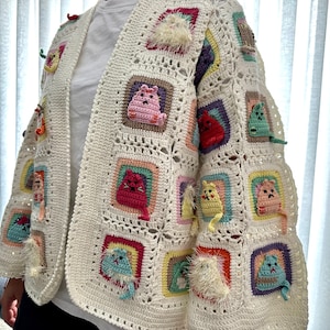 Cat Sweater for Women, Granny Sweaters, Beige Square Granny Cardigan, Granny Square Cat Cardigan, Cats Crochet Cardigan, Cat Cardigan