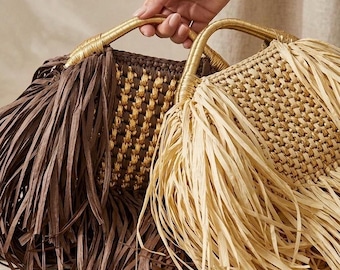 Raffia Fringe Clutch Bag, Metallic Crochet Handmade Tassel Purse, Gold Raffia Bag