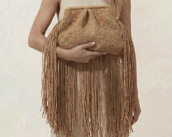 Boho Chic Summer Bag, Fringe Handmade Purse, Artsy Raffia Clutch, Handbag for Summer /NEW