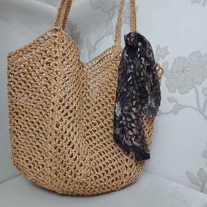 Crochet Raffia Bag Large Tote, Boho Straw Beach Bag, Handmade Summer Shoulder Purse, Eco Gift for Mom, Picnic Market Travel Bag, Raffia Tote