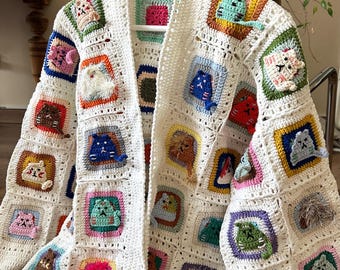 Handmade Crochet Women's Cardigan with Colorful Cat Motifs, Hand-Knitted Sweater, Cat Crochet Cardigan