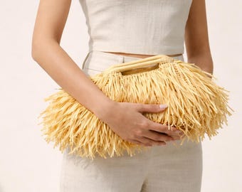 Fringe Boho Summer Bag, Yellow Raffia Beach Purse, Handmade Straw Handbag, Woven Beach Clutch