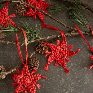 Christmas Ornament Star, Christmas Tree ornaments, Rafia Crocheted Ornaments, Christmas ornaments Red Star, Hand Craft Boho Star 6 Set. Fringed Red Star