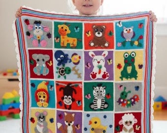 May include: A colorful, handmade crochet baby blanket featuring a grid of squares, each with a different animal design. The animals include a giraffe, bear, owl, elephant, bunny, frog, zebra, and more. The blanket has a scalloped edge.