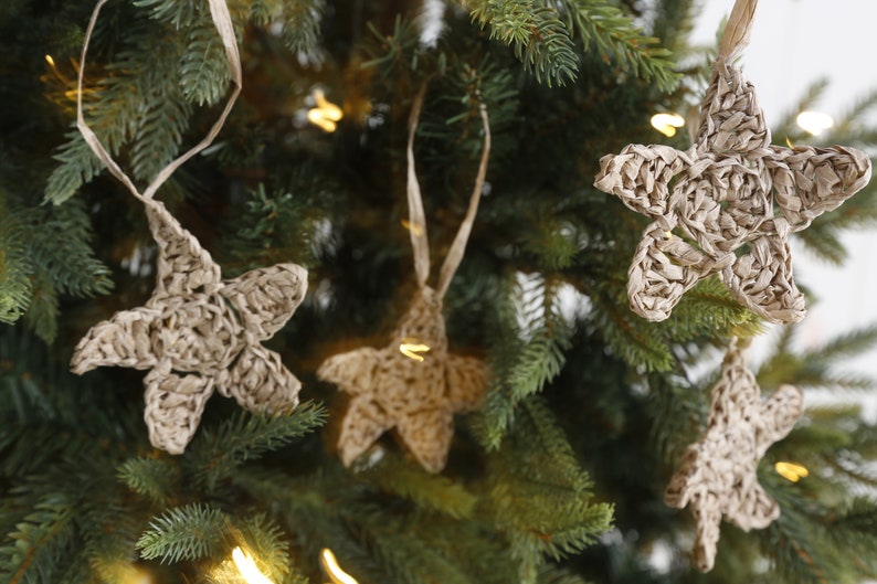 Christmas Ornament Star, Christmas Tree ornaments, Rafia Crocheted Ornaments, Christmas ornaments Red Star, Hand Craft Boho Star 6 Set. image 8