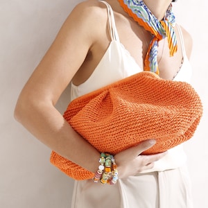 Bolso de mano de paja grande naranja, bolso de mano grande Dumpling, bolso de mano grande de rafia, bolso de mano naranja, bolso de punto, bolso de mano de crochet de rafia, bolso de mano grande