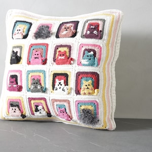 Crochet Cat Pillow Cover, Hand Knitted Cat Pillow, Cat Crochet Cushion, Many Cats Pillowcase, Crochet Cushion Cat, Kitty Pillow