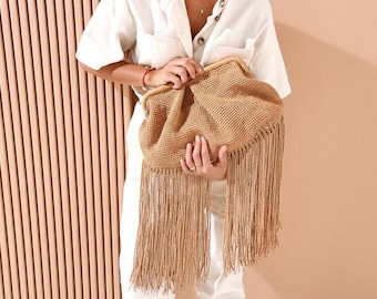 Fringe Boho Raffia Bag, Straw Raffia Clutch, Crochet Luxury Purse, Handmade Fringed Tote Handbag
