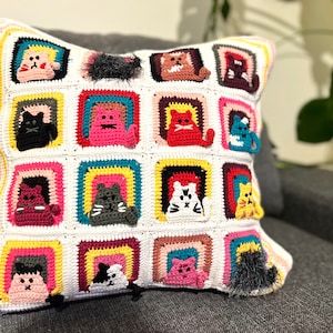 Crochet Cat Pillow Cover, Hand Knitted Cat Pillow, Cat Crochet Cushion, Many Cats Pillowcase, Crochet Cushion Cat, Kitty Pillow