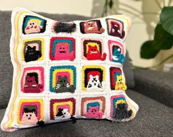 Housse de coussin chat au crochet, coussin chat tricoté à la main, coussin chat au crochet, taie d'oreiller nombreux chats, coussin au crochet chat, coussin chaton