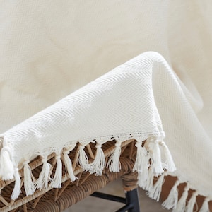 Beige Turkish BEDSPREAD, Woven 100% Cotton Blanket, Ivory Bedspread, Natural Blanket, Wedding Blanket, Twin Boho Bedspread with tassel