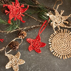 Christmas Ornament Star, Christmas Tree ornaments, Rafia Crocheted Ornaments, Christmas ornaments Red Star, Hand Craft Boho Star 6 Set. image 10