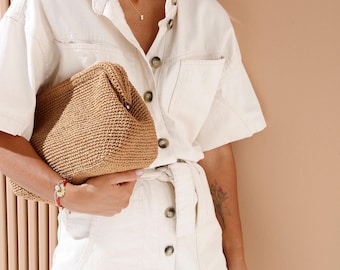Straw Bag Clutch, Raffia Bag Coach, Natural Hand-Knitted Purse, Crochet Raffia HandBag, Straw Beach Clutch