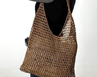 Handmade Raffia Mesh Beach Tote, Straw Natural Bag, Crochet Cage Beach Bag, Boho Summer Tote, Organic Brown Raffia Tote, Beach Handbag