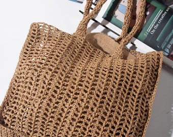 Handmade Straw Crochet  Beach Bag, Straw Tote Bag, Summer Shoulder Bag for Women, Raffia Large  Beach Bag, Crochet Handmade Raffia Bag Tote