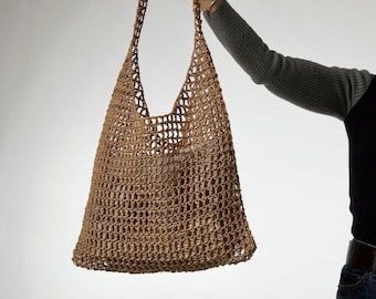 Crochet Raffia Mesh Beach Shoulder Bag, Handmade Cage Beach Bag, Boho Summer Tote, Brown Natural Paper Tote, Raffia Handbag Gift