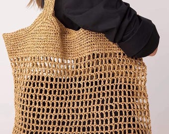 Handmade Beach Bag, Camel Crochet Tote, Summer Knit Boho Purse