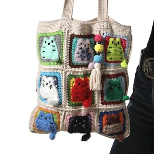 Cute Cats Bag, Handmade Crochet Cat Bag, Handmade Crochet Cat Bag, Turkish Kitty Design, Granny Square Shoulder Bag, GATO Bag