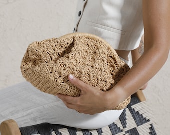 Crochet Raffia Clutch Bag, Straw Bag Clutch,  Raffia Purse BAG, Raffia Bag Coach, Natural Hand-Knitted Clutch, Crochet Raffia Bag, Straw