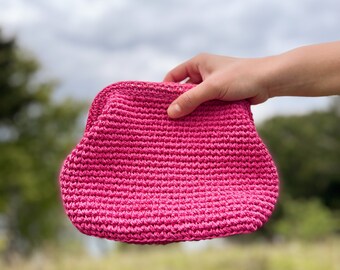 Small Straw Bag CLUTCH, Raffia Bag Coach, Fusia Hand-Knitted Clutch, Crochet Raffia Bag, Purple Straw Clutch