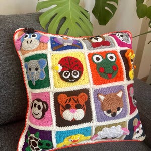 Cute Animals Colorful Crochet Pillow Cover, Many Animals Motif Pillow, Granny Square Animal Pillow, HandKnit Handmade Cushion Cover 17.7”
