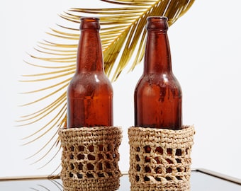 Biologische glaswerkset, veganistische DRINKWARE COVER set van 2, vervaardigde drinkwaren, verpakt in geweven raffia, raffia waterglas, rotan waterglas