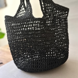 Crochet Paper Raffia Beach Tote, Crochet Raffia Bag, Black Straw Purse Bag, Natural Raffia Shoulder Bag, Tote Handbag, Crochet Raffia Bag