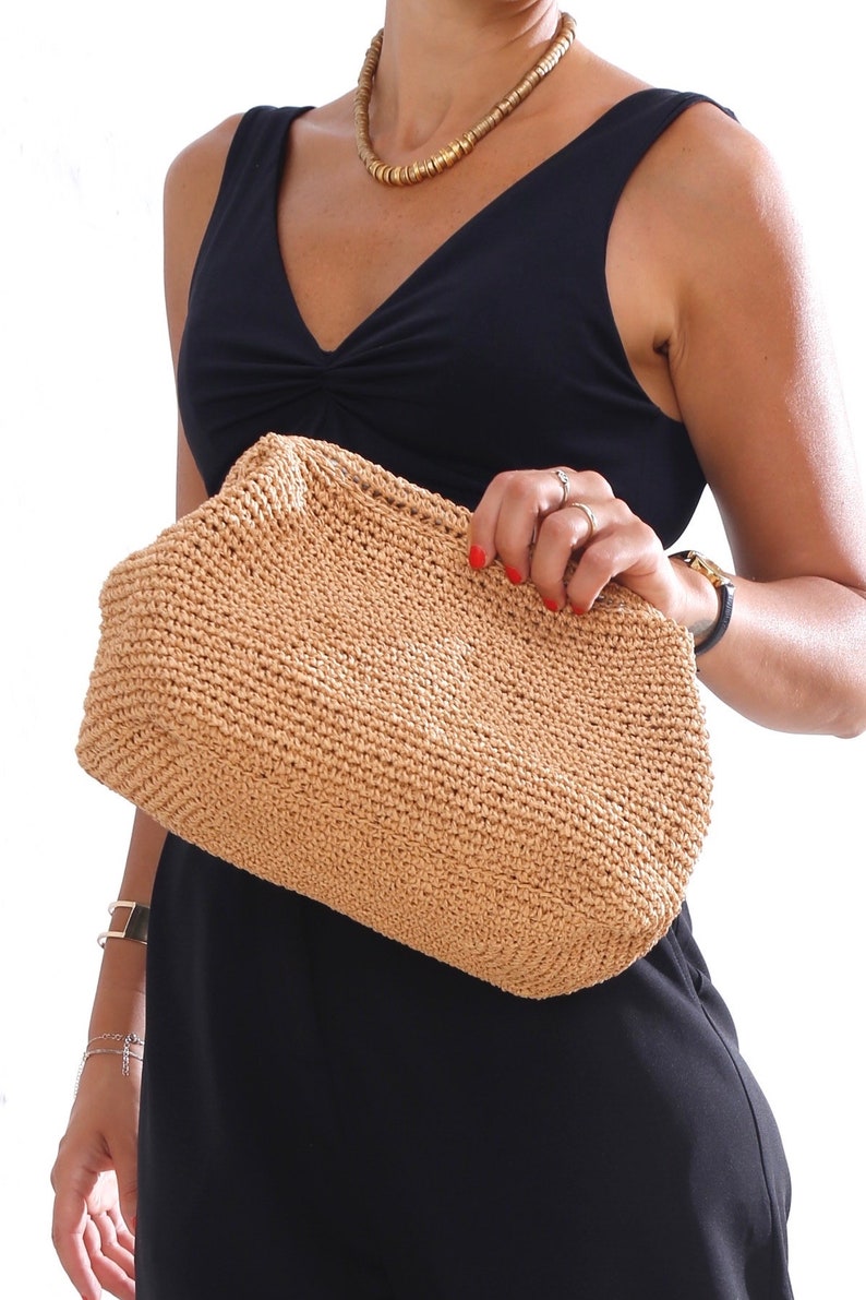 Straw Bag Clutch, MALLORY BAG, Raffia Bag Coach, Natural Hand-Knitted Clutch, Crochet Raffia Bag, Straw Clutch, Organic Clutch Bag image 4