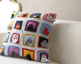 CAT CROCHET Pillow Cover, Cat PillowCase, Crochet Cat Figured Cushion, Many Cats Decorative Pillowcase, Crochet Cushion Cat