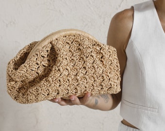 Bolso de mano de rafia a crochet, bolso de paja, bolso de rafia, bolso de rafia Coach, bolso de mano natural tejido a mano, bolso de rafia a crochet, paja