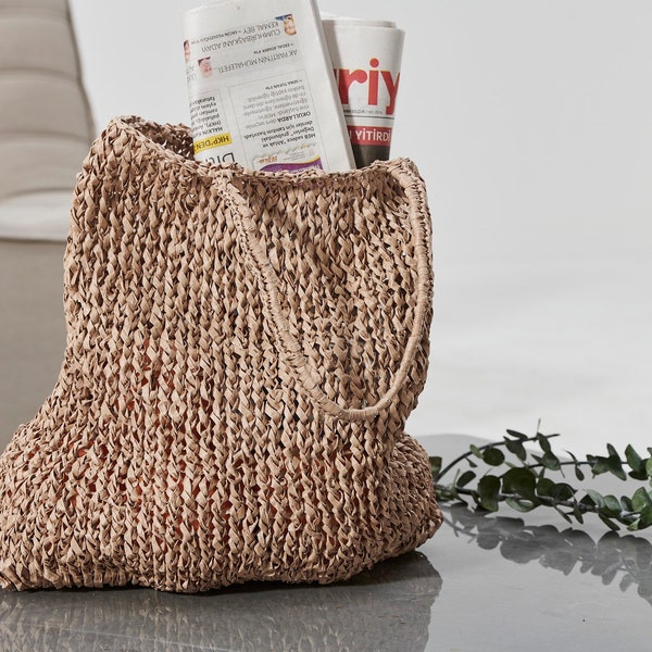 Sac fourre-tout en raphia, Straw Shopper, Sac fourre-tout amorphe, Petit sac fait main, Sac en raphia au crochet, Sac en fil de raphia tricoté à la main, Sac à main