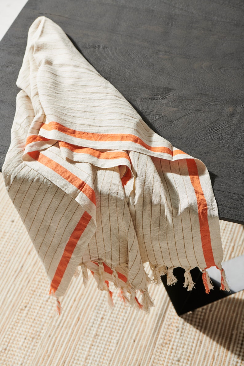 Linen Coral Peshtemal Towel, Linen Table Cloth, Orange Strip Linen Cotton Towel, Turkish Bath Towel, Beach Towel, Blanket image 1
