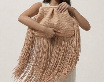 Oversized Fringe Raffia Bag, XL Raffia Clutch, Crochet Handbag for Wedding, Luxury Straw Purse
