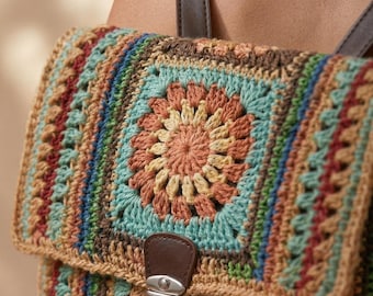 Colorful Crochet Handmade Raffia Backpack, Straw Backpack with Leather Strap, Colorful Woven Bag, BOH Bucket Bag, Beach Travel Bag GIFT